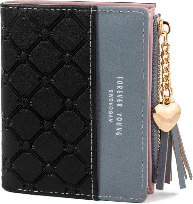 KOTORA Womens Small Wallet Girls Tiny Slim Wallets Pretty Mini Card Holder Thin Short Zip Coin Purse with Love Pendant and Tassels (Z-Black) - Image 1